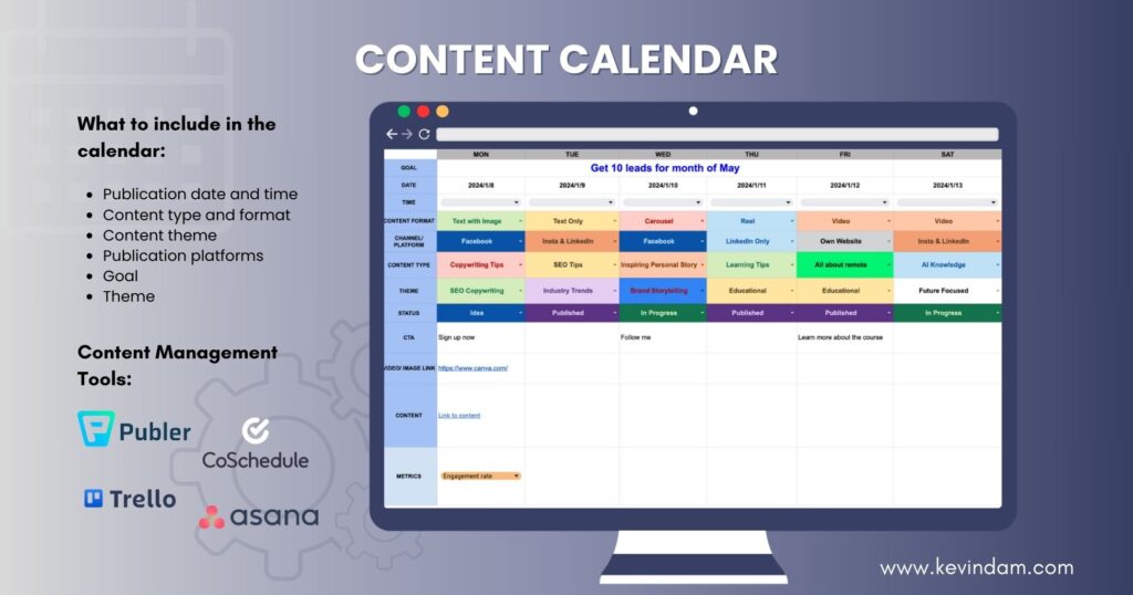 content calendar sample and content management tool icons