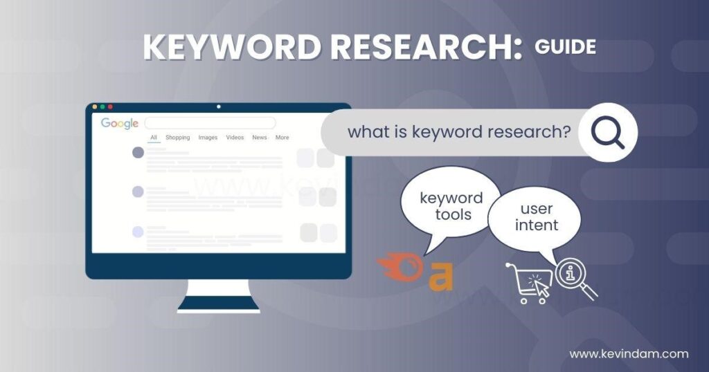 searchbar displayed "what is keyword research". logo for keyword tools and icons for user intent 