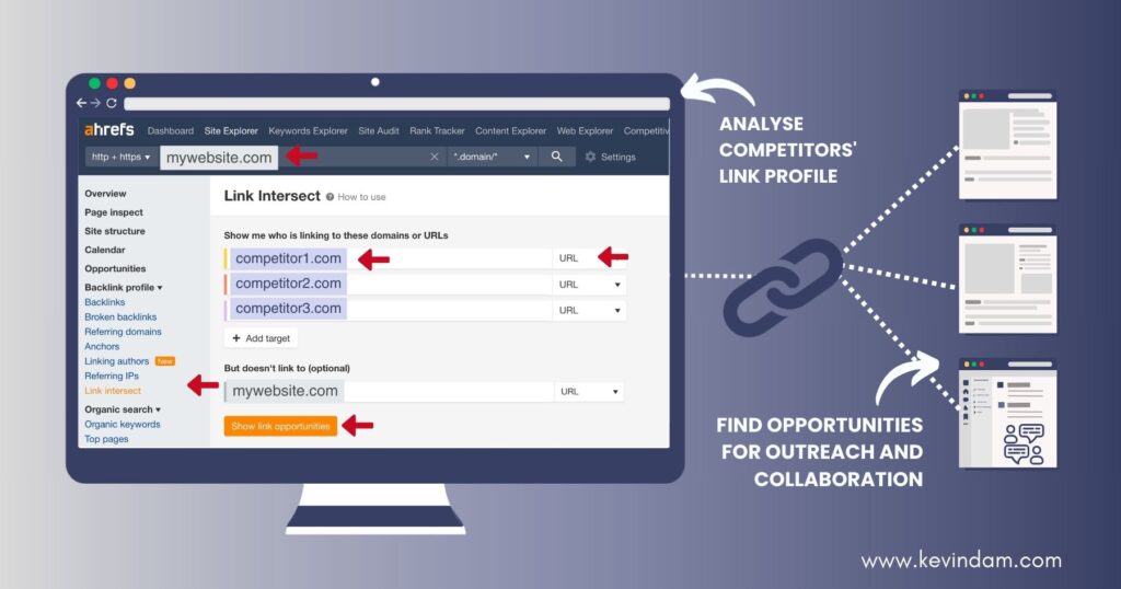 Ahrefs dashboard showing the use of 'Link intersect' to analyze competitors' link profile and identify opportunities